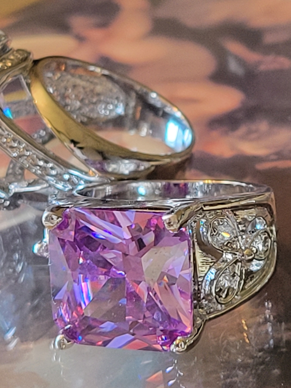 Silver Ring with Square Light Purple Stone and Filigree Accents